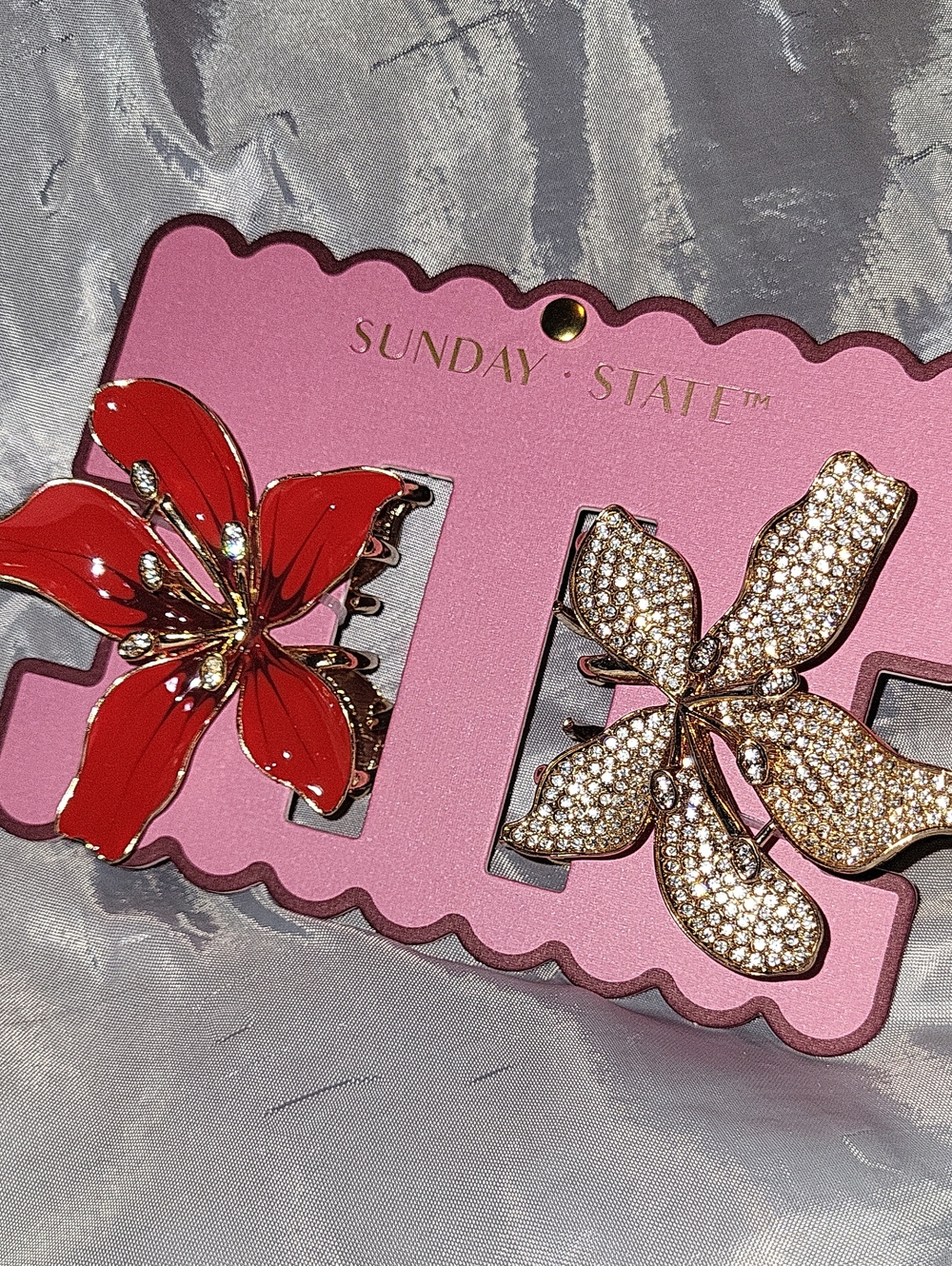 Sunday State Floral Hair Clips — Red Enamel & Gold Crystal